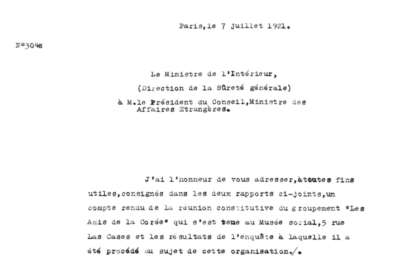 한국친우회 결성을 위한 회합에 대한 보고(1921), 프랑스 경찰의 정보 보고서로 라 카즈가(rue Las Cases) 5번지 사회 박물관(Musée social)에서 회합이 있었음을 보고하고 있다.